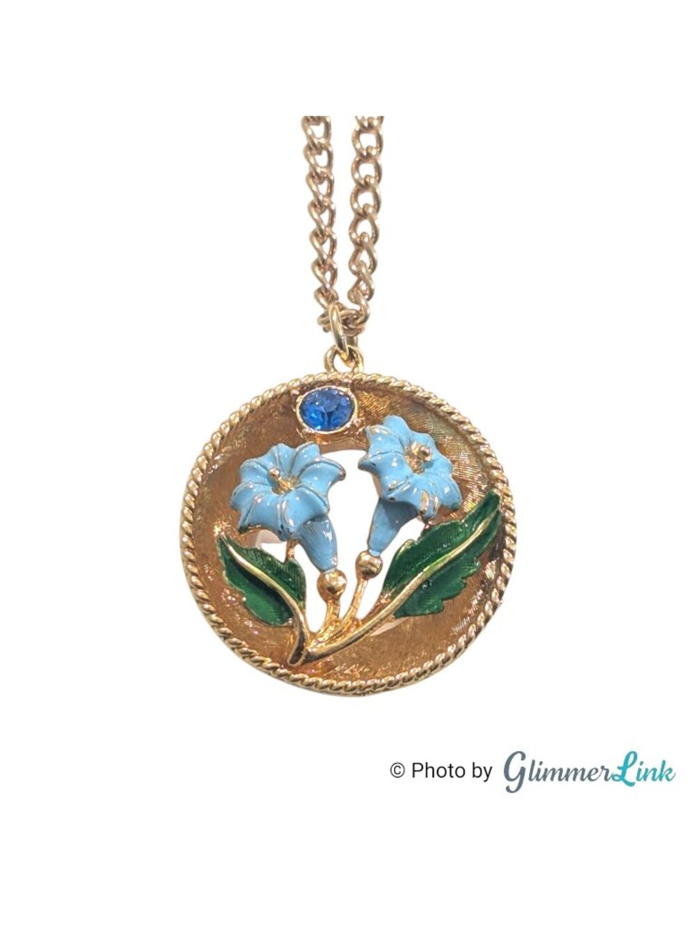 Vintage Blue Enamel Floral Pendant Necklace Gold Tone 26.5 Inch